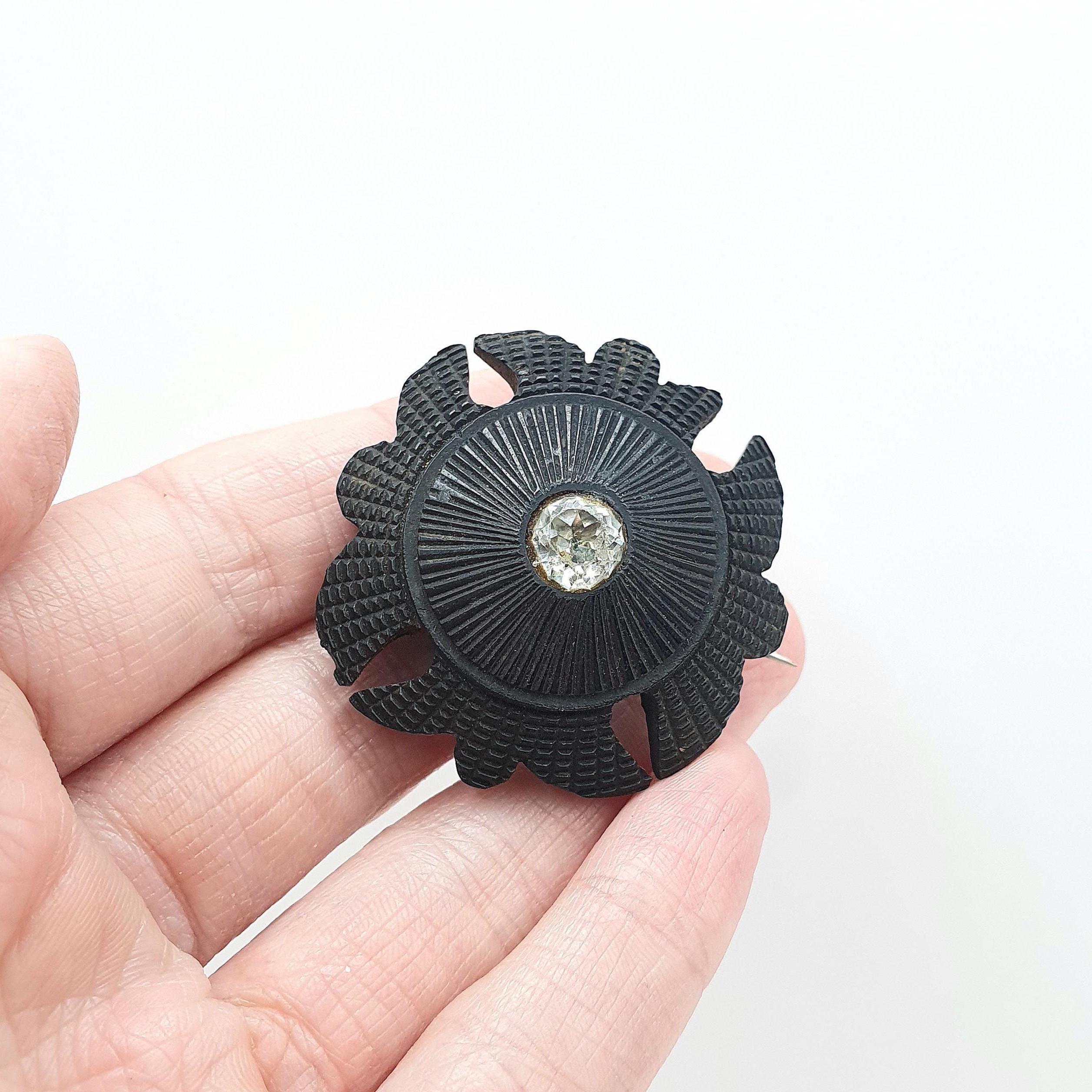 Antique Victorian Bog Oak Diamond Paste Brooch Hand Carved