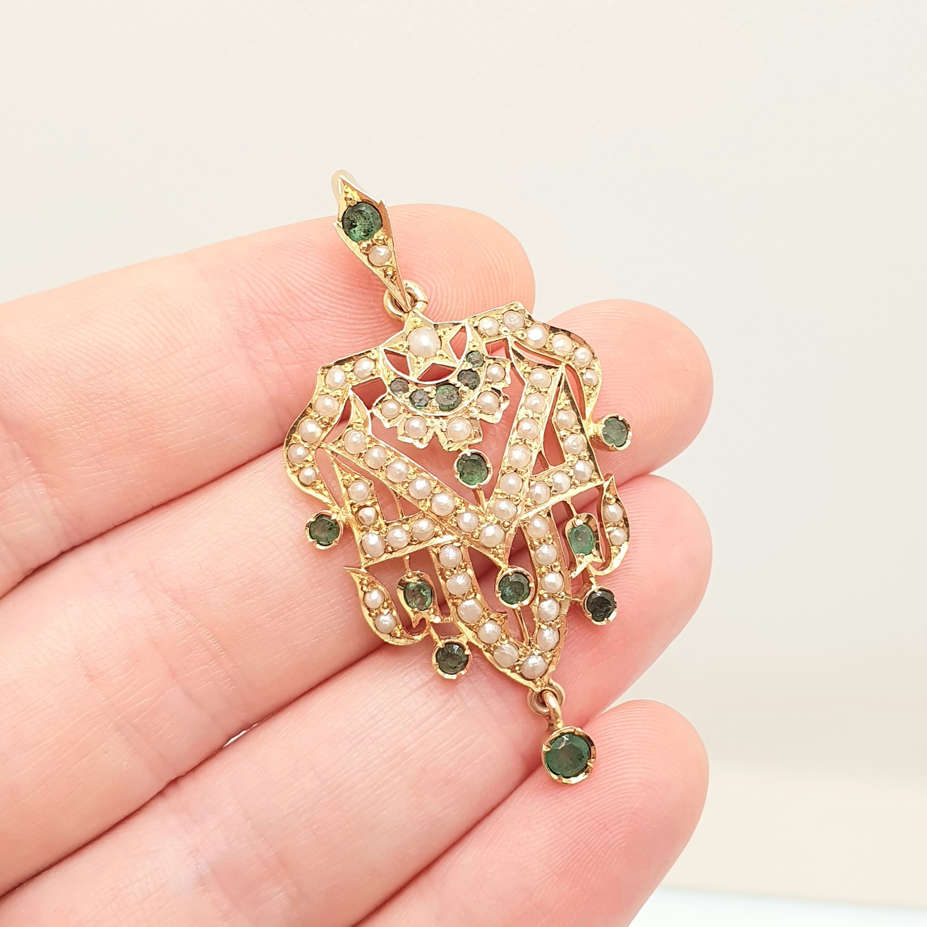 アンティーク ビクトリア朝 14K ゴールド エメラルド シードパール 