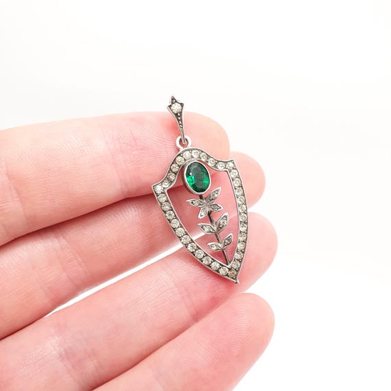 Antique Solid Silver Diamond Emerald Paste Neckla… - image 3