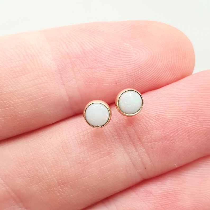 Vintage 9ct Gold Opal Earrings Stud Tiny Small Round Cabochon White Gemstone Solid 9k 9kt Womens Jewelry Jewellery image 1