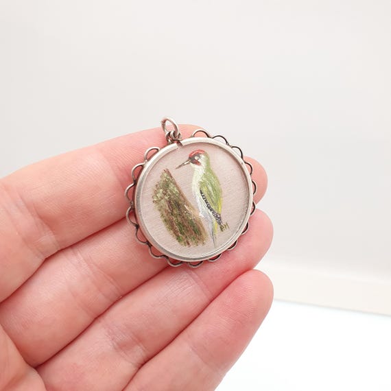 Antique Solid Silver Hand Painted Woodpecker Pend… - image 4