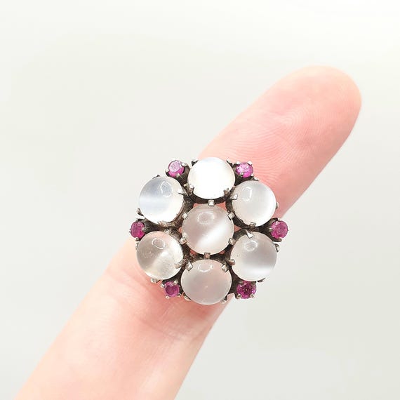 Antique Solid Silver Moonstone Ring Ruby Cluster … - image 2