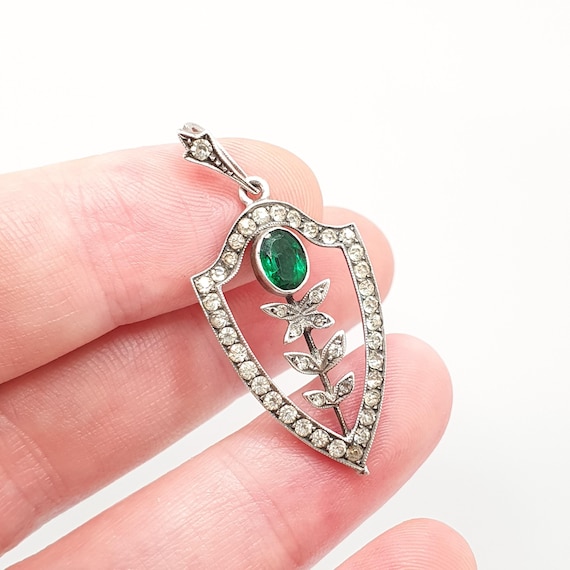 Antique Solid Silver Diamond Emerald Paste Neckla… - image 1