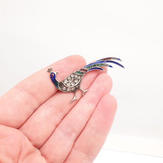 Antique Solid Silver Peacock Paste Brooch Enamel … - image 2