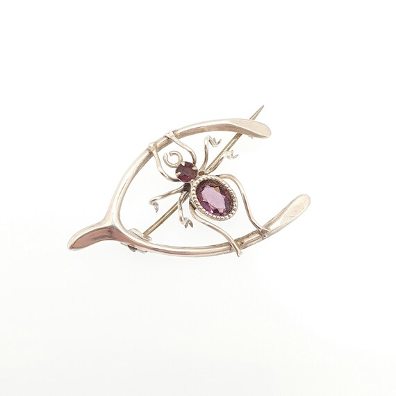 Antique Solid Silver Spider Brooch Wishbone Ameth… - image 2