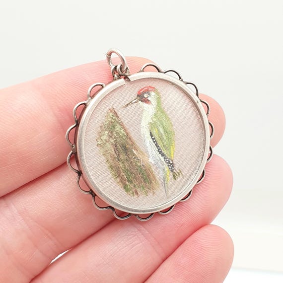 Antique Solid Silver Hand Painted Woodpecker Pend… - image 1