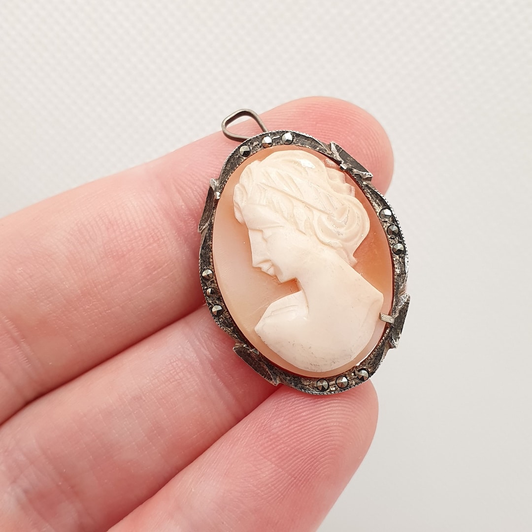 Antique Cameo Pendant Brooch Pin Solid Silver Art Deco