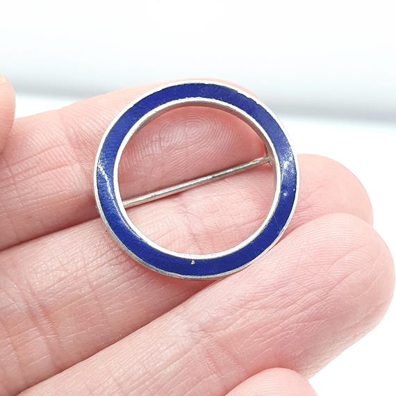 Antique Solid Silver Blue Enamel Circle Brooch Ed… - image 1