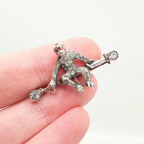 Antique Solid Silver Monkey Brooch Diamond Paste … - image 1