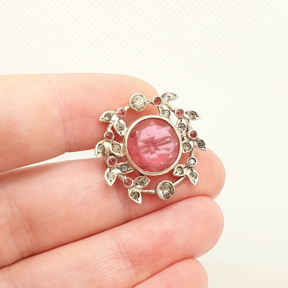 Antique Victorian Solid Silver Pink Paste Brooch … - image 1