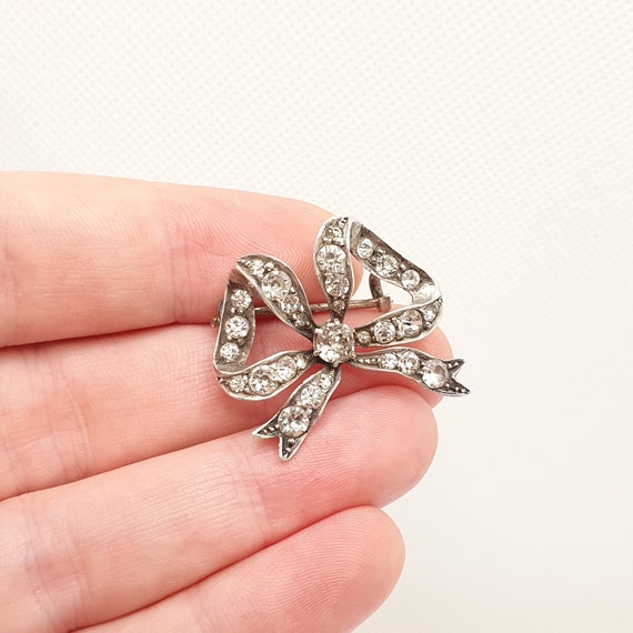Antique Victorian Paste Solid Silver Bow Brooch D… - image 1