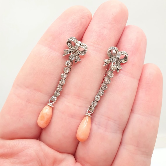 Antique Solid Silver Coral Paste Earrings Bow Han… - image 1
