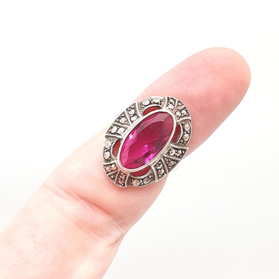 Antique Solid Silver Pink Paste Ring Marcasite Ar… - image 2