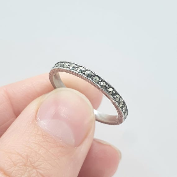 Antique Solid Silver Marcasite Eternity Ring Art … - image 1