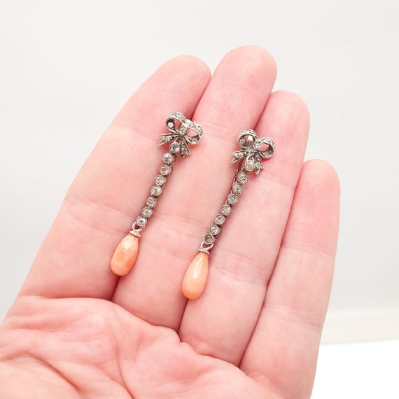 Antique Solid Silver Coral Paste Earrings Bow Han… - image 4