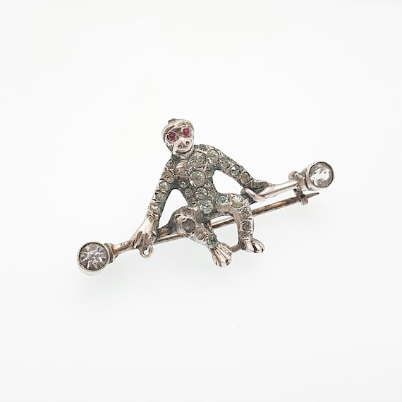 Antique Solid Silver Monkey Brooch Diamond Paste … - image 3