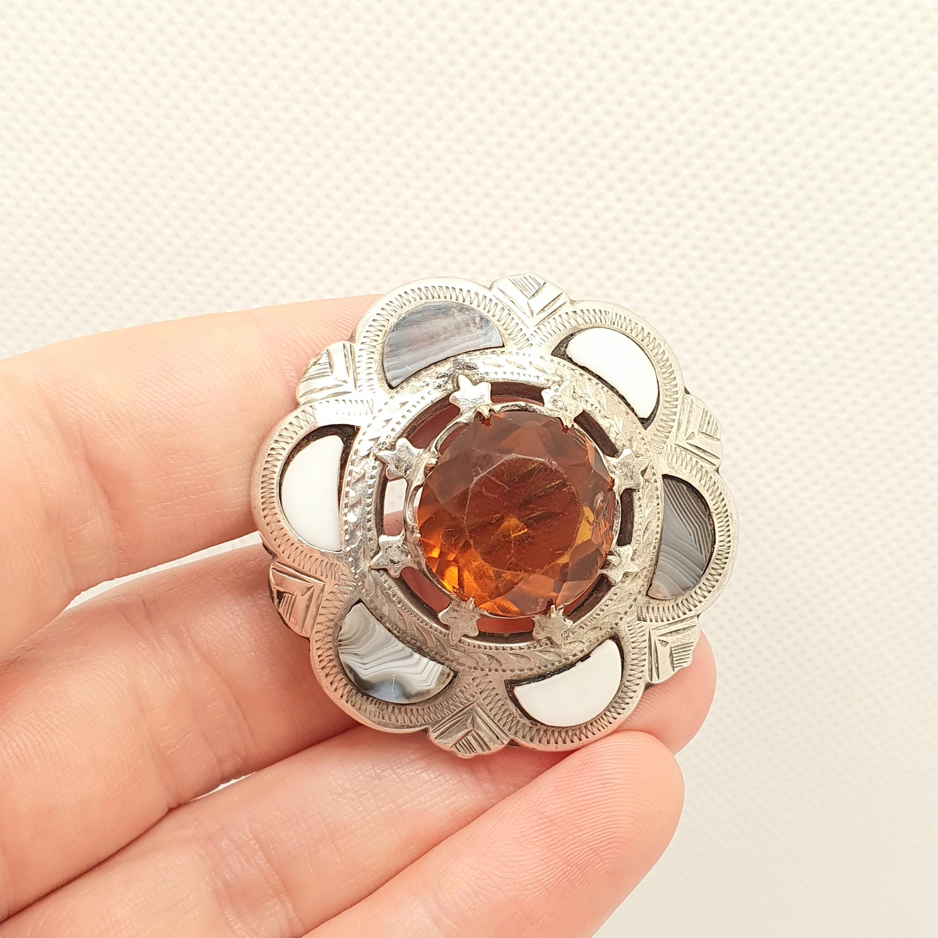 Antique Sterling Silver Scottish Brooch Citrine Paste Blue Lace 