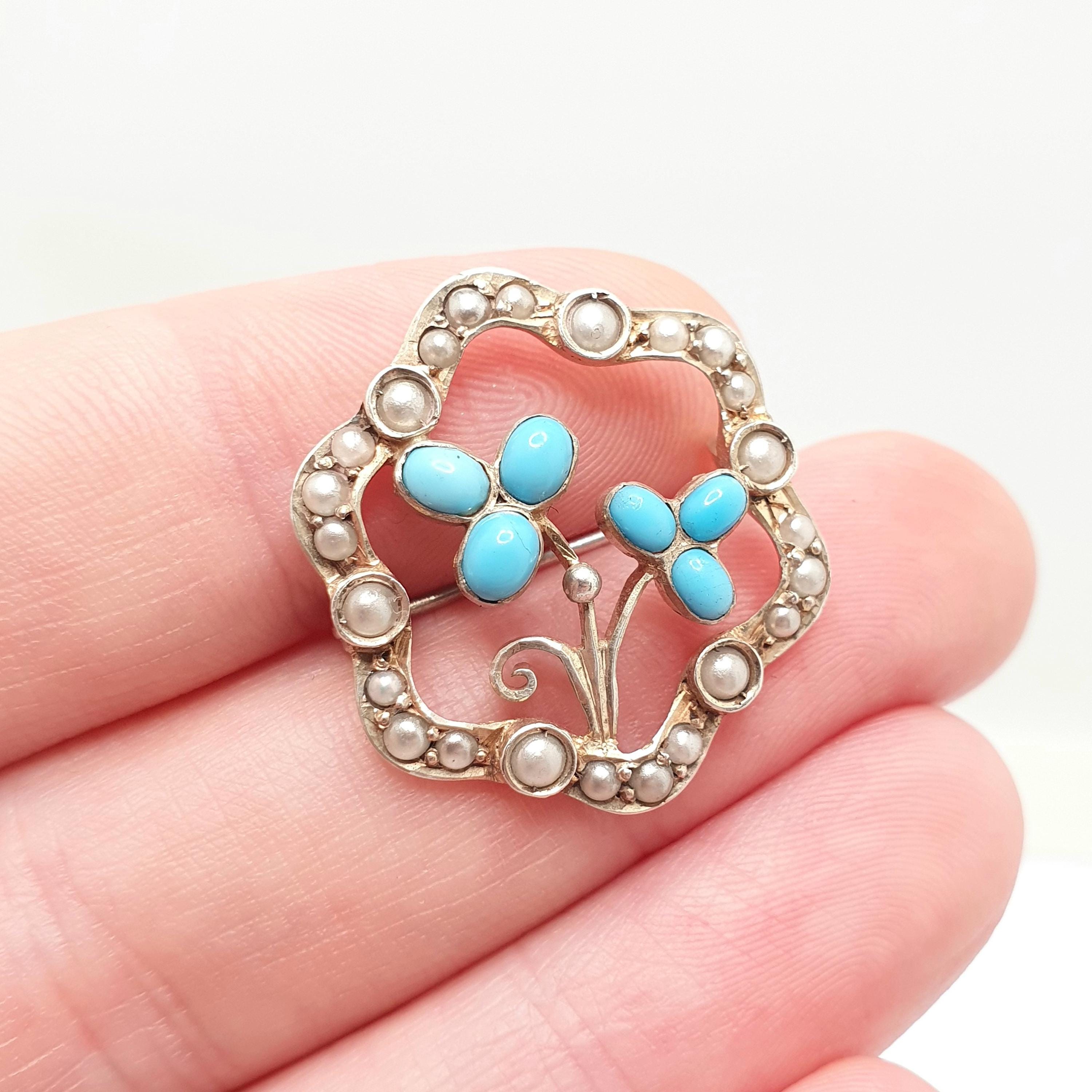 Antique Solid Silver Forget Me Not Brooch Turquoise Glass Faux