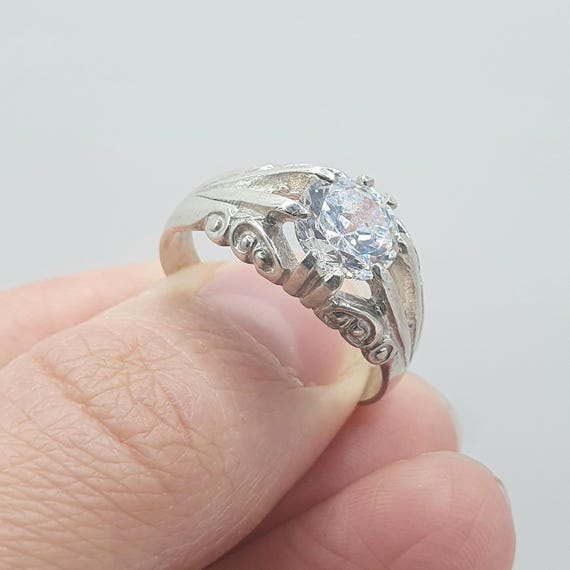 Vintage Solid Silver CZ Gypsy Ring Solitaire Roun… - image 1