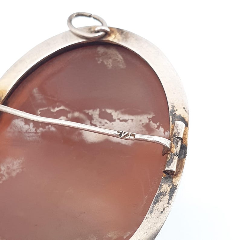 Antique Solid Silver Large Cameo Pendant Brooch Pin Genuine Shell