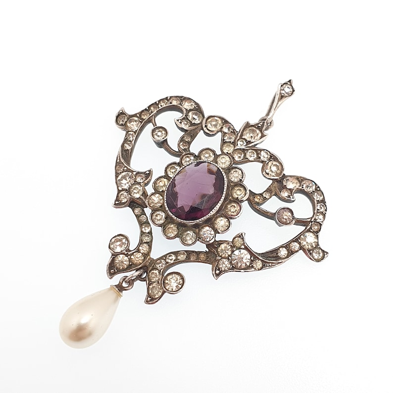 Antique Solid Silver Amethyst & Diamond Paste Pendant Necklace Foiled ...