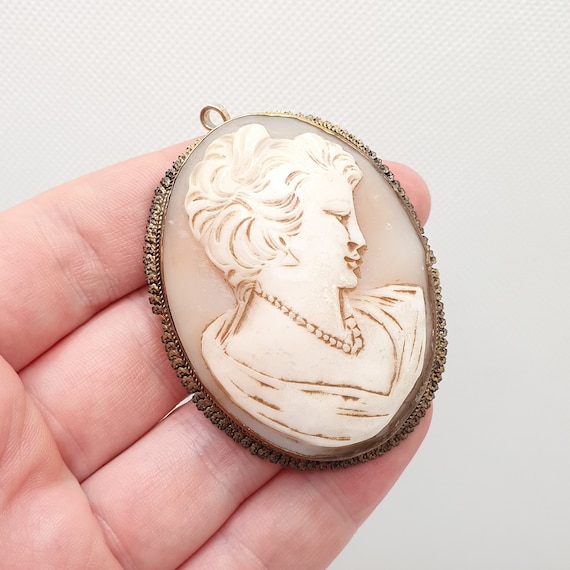 Antique Very Large Cameo Brooch Pendant Necklace … - image 1
