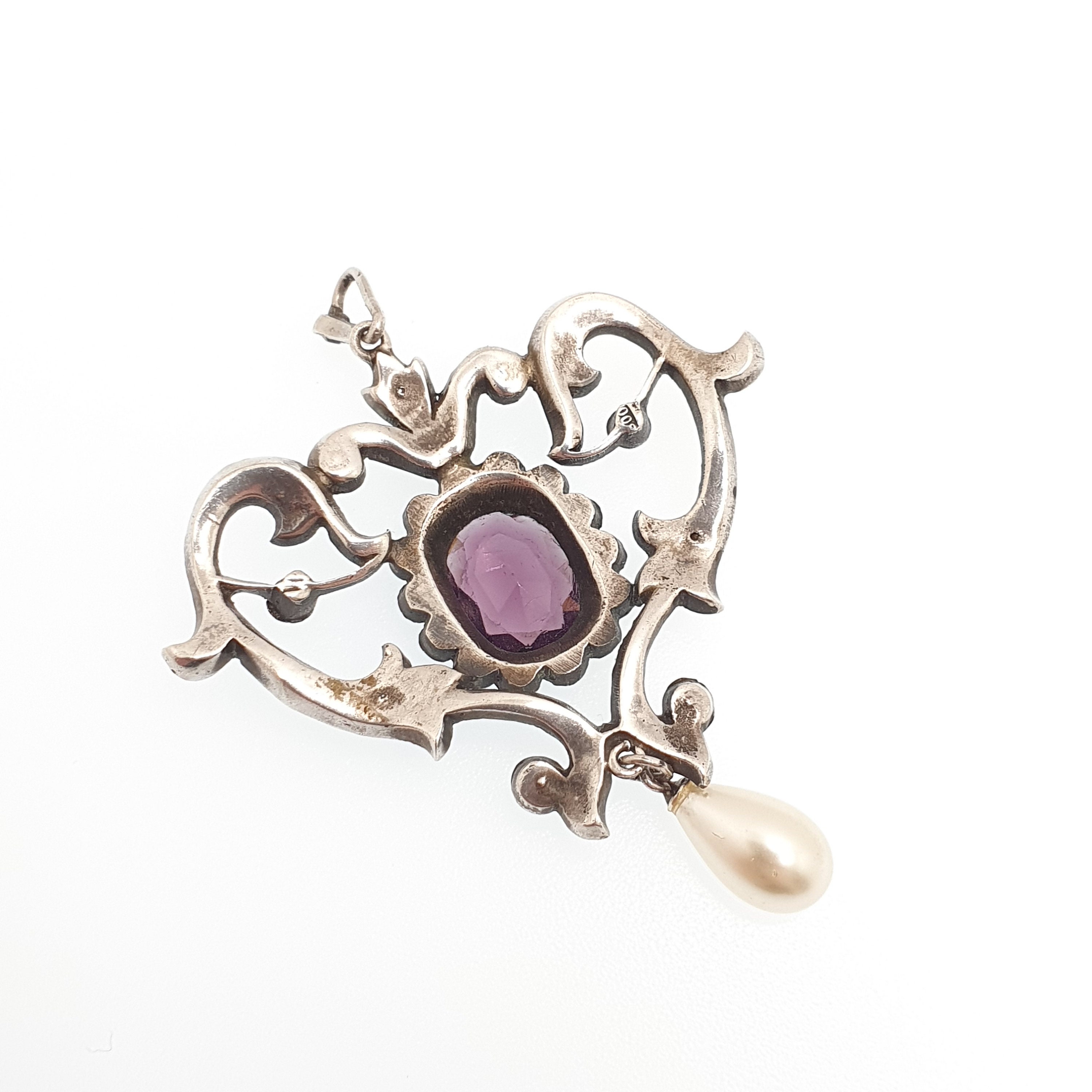 Antique Solid Silver Amethyst & Diamond Paste Pendant Necklace Foiled ...