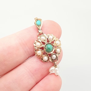 Antique Victorian 14k Gold Turquoise & Pearl Pendant Necklace Solid 14kt 585 Heart Cluster Natural Gemstone Vintage Womens Jewellery Jewelry