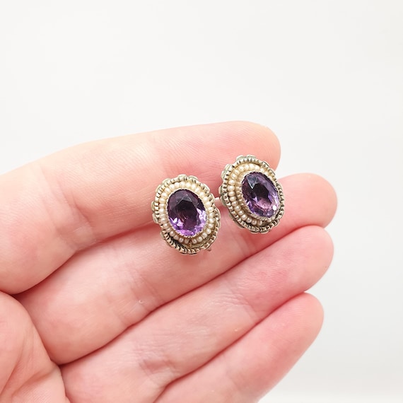 Antique Solid Silver Natural Amethyst Earrings Se… - image 4