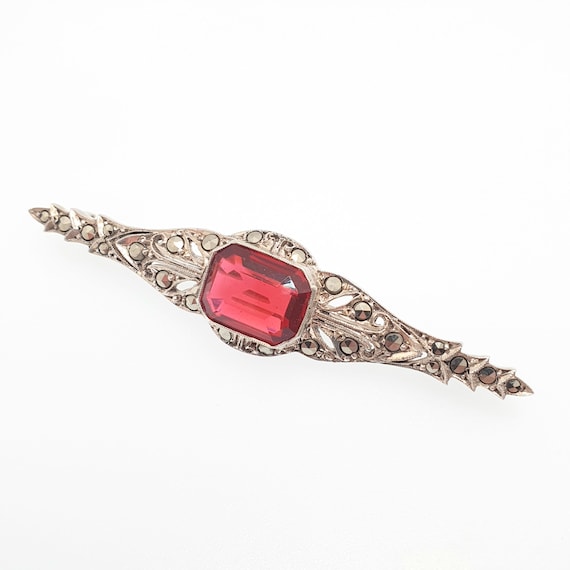 Antique Sterling Silver Ruby Paste Brooch Art Dec… - image 2