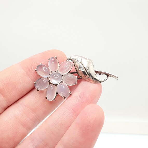 Antique Solid Silver Moonstone Flower Brooch Vict… - image 2