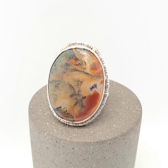 Antique Solid Silver Moss Agate Ring Large Big Ca… - image 1