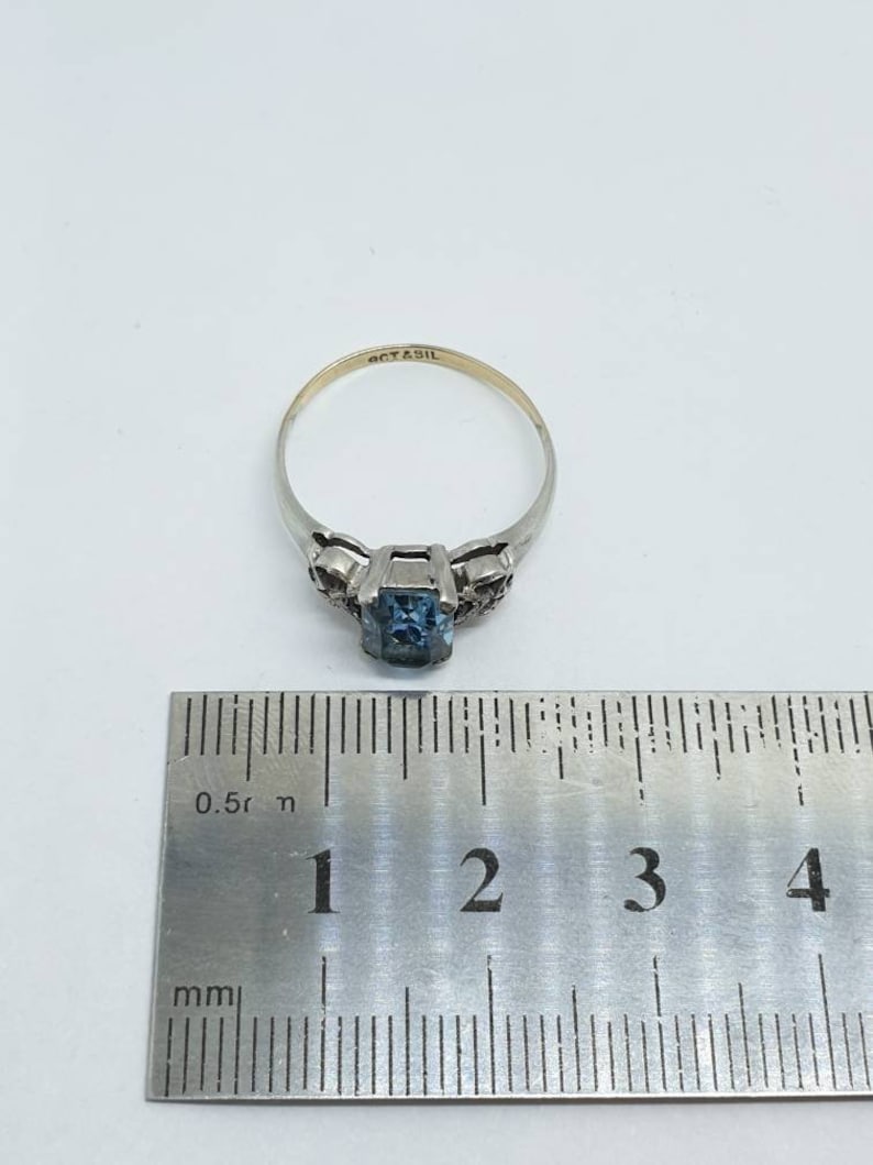 Old Vintage Aquamarine 9k ct carat Gold /& Solid Silver Ring Rectangular Square Stacker Stacking Ladies Womens Jewelry Jewellery UKP.5 US8