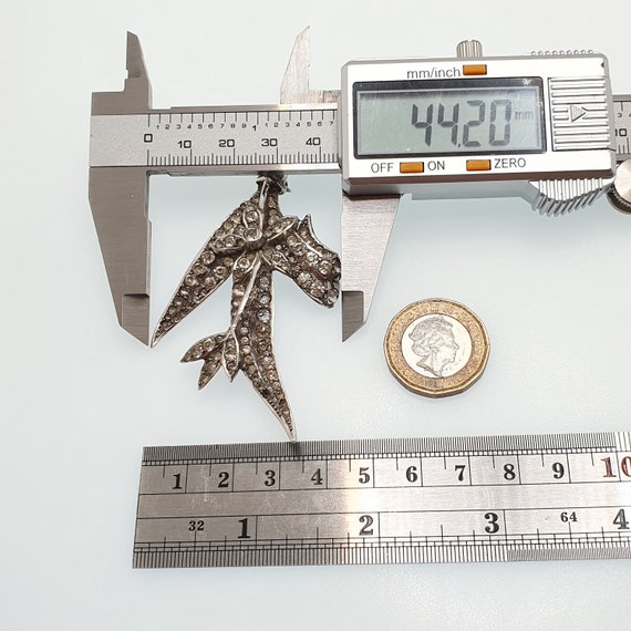 Antique Diamond Paste Solid Silver Brooch Pin Lea… - image 9