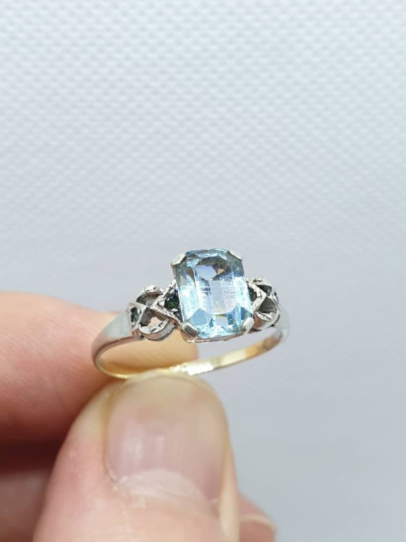 Old Vintage Aquamarine 9k ct carat Gold /& Solid Silver Ring Rectangular Square Stacker Stacking Ladies Womens Jewelry Jewellery UKP.5 US8