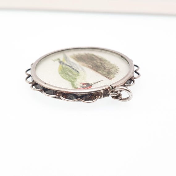 Antique Solid Silver Hand Painted Woodpecker Pend… - image 6