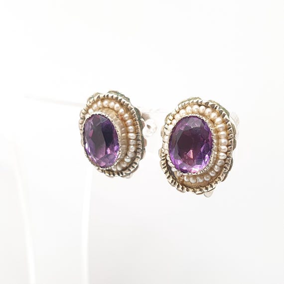 Antique Solid Silver Natural Amethyst Earrings Se… - image 3