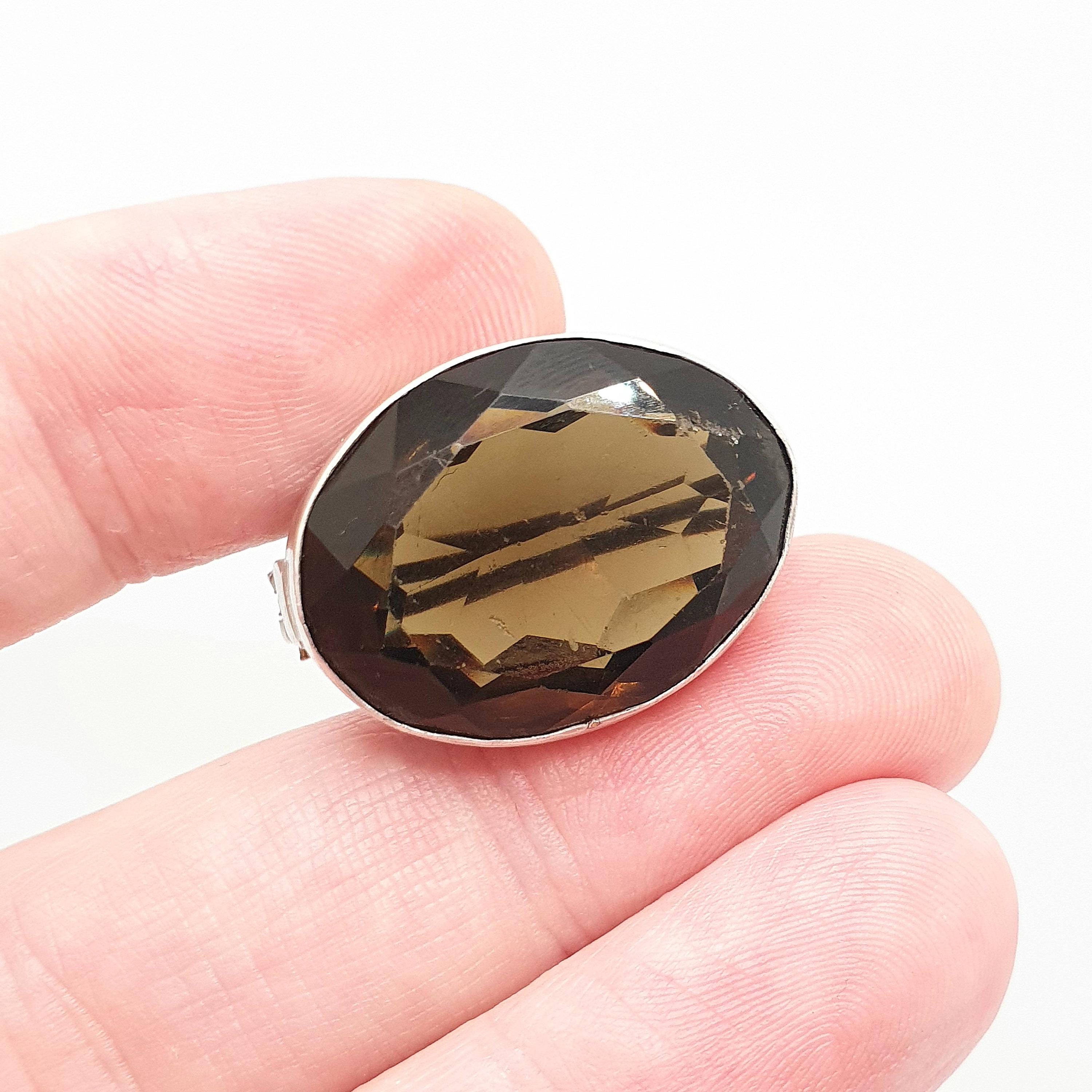 Broche Ancienne En Argent Massif 925 - Cabochon En Quartz Fumé Taillé (32x20mm) - XIXe Siècle - Occasion