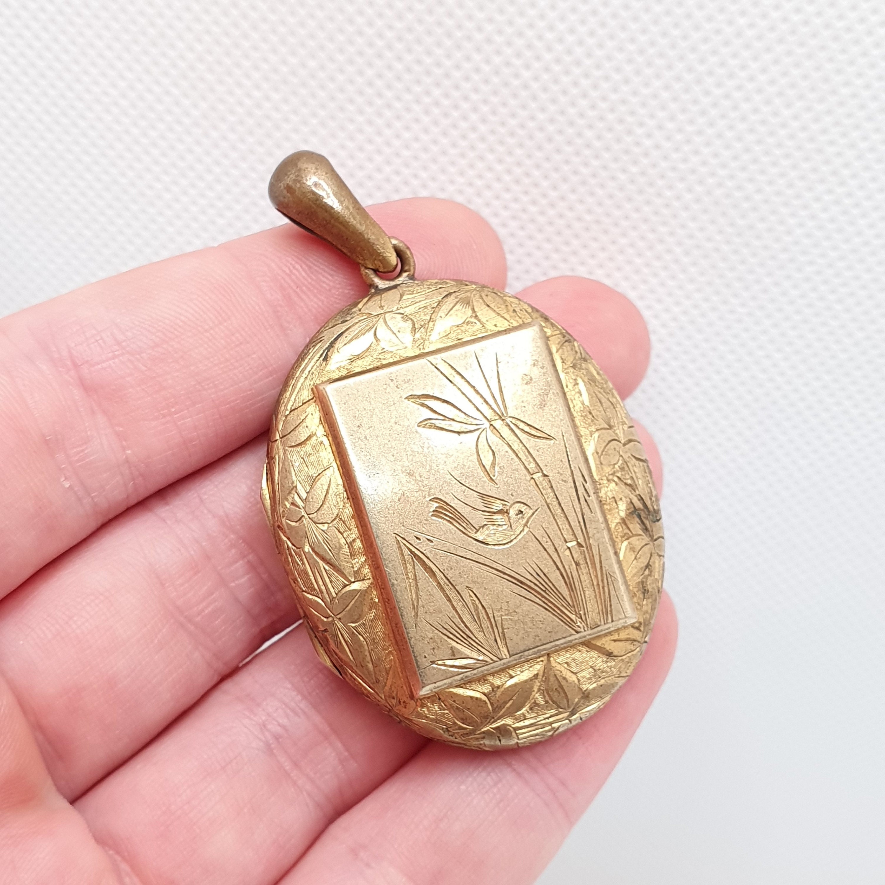 Antique Victorian Locket Bird Engraved Gold Gilt Large Big Hand 