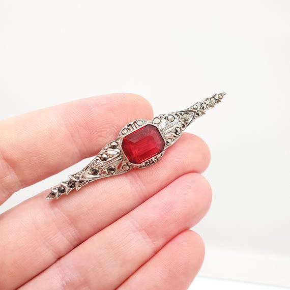 Antique Sterling Silver Ruby Paste Brooch Art Dec… - image 3