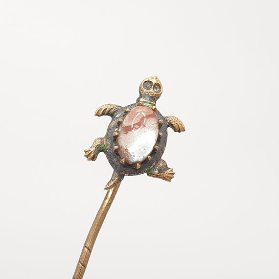 Antique Saphiret Turtle Stick Pin Victorian Tortoise Gold Tone Blue Red Rare Animal Lapel Vintage