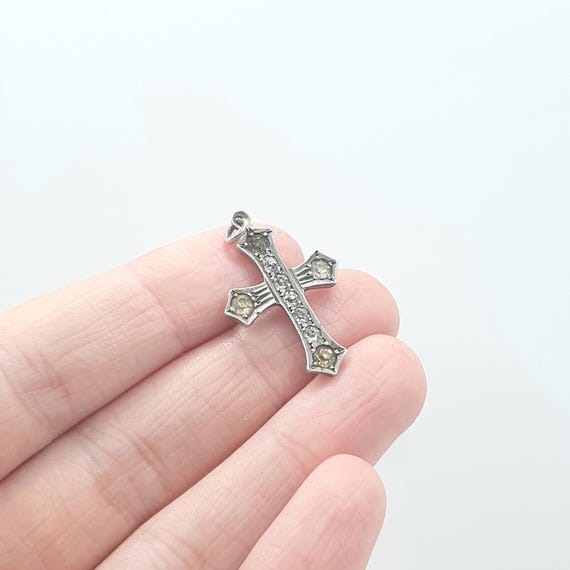 Antique Solid Silver Diamond Paste Crucifix Penda… - image 3