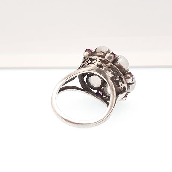 Antique Solid Silver Moonstone Ring Ruby Cluster … - image 8