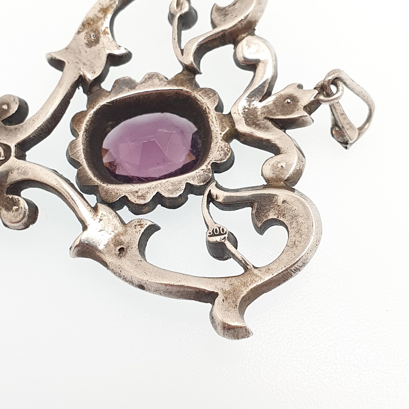 Antique Solid Silver Amethyst & Diamond Paste Pendant Necklace Foiled ...