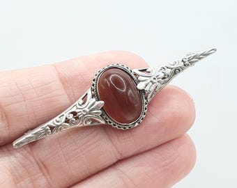 Antique Solid Silver Natural Carnelian Brooch Orange Arts and Crafts Handmade Quartz Gemstone Vintage Jewelry Jewellery