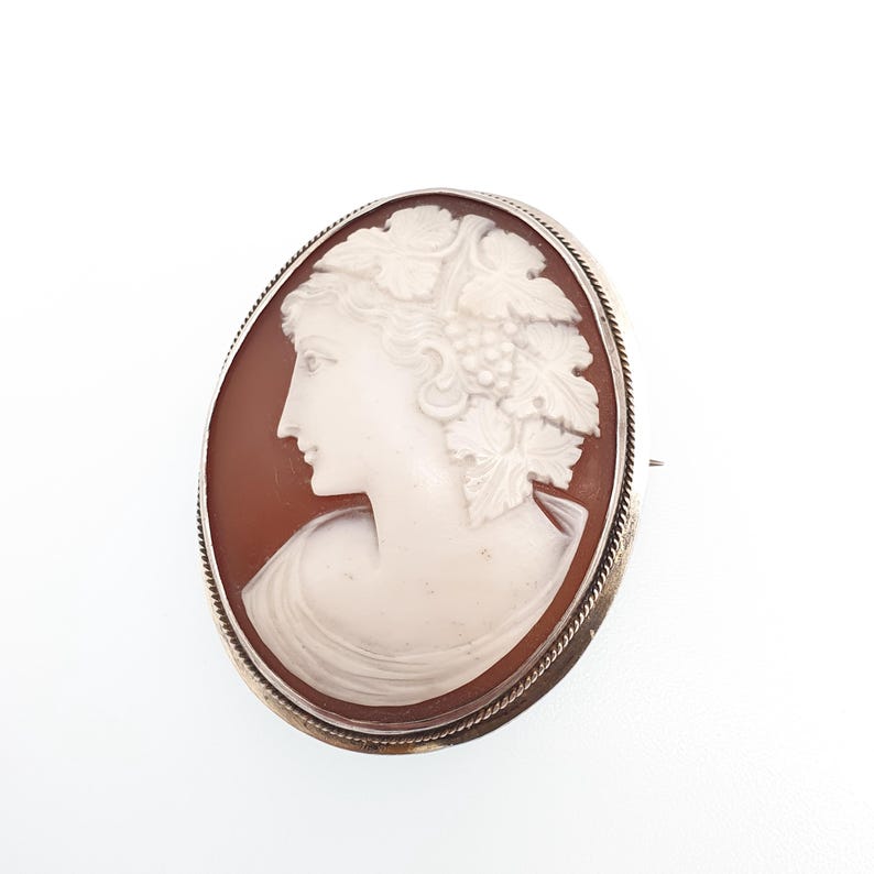 Antique Solid Silver Large Cameo Pendant Brooch Pin Genuine Shell