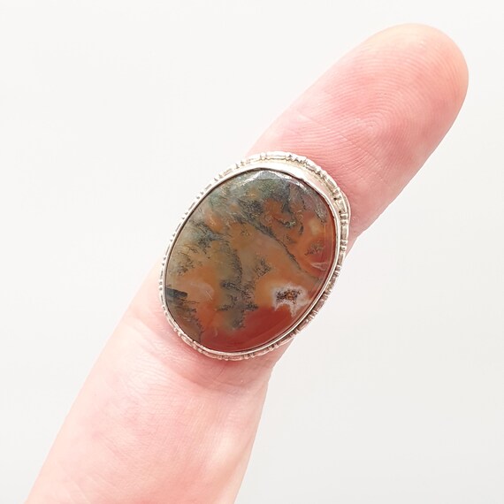 Antique Solid Silver Moss Agate Ring Large Big Ca… - image 5