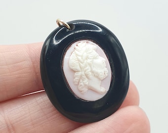 Antique Victorian Whitby Jet Brooch Pin Cameo Flower Large Big