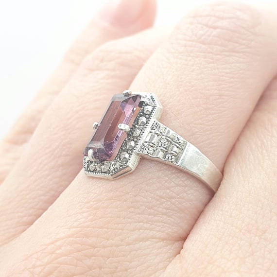 Antique Solid Silver Amethyst Paste Ring Rectagul… - image 5
