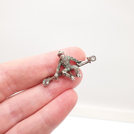 Antique Solid Silver Monkey Brooch Diamond Paste … - image 4